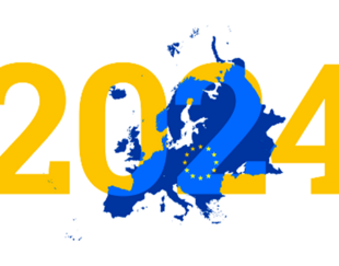 The image displays the year 2024 in bold yellow numbers with the European Union flag's blue and yellow stars superimposed on a map of Europe within the digits